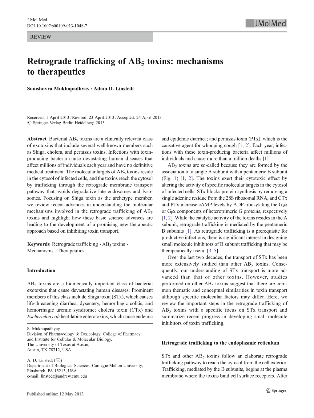 Retrograde Trafficking of AB5 Toxins: Mechanisms to Therapeutics