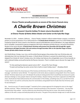 A Charlie Brown Christmas Everyone’S Favorite Holiday TV Classic Returns December 6-29 at Chance Theater @ Bette Aitken Theater Arts Center on the Fyda-Mar Stage ​ ​