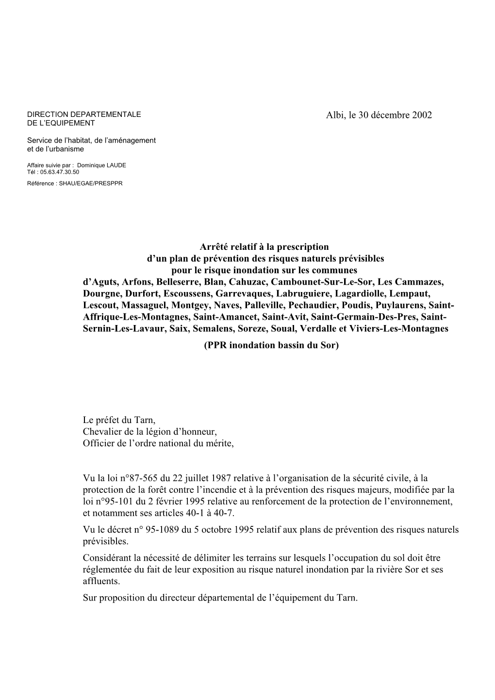 DIRECTION DEPARTEMENTALE Albi, Le 30 Décembre 2002 DE L’EQUIPEMENT