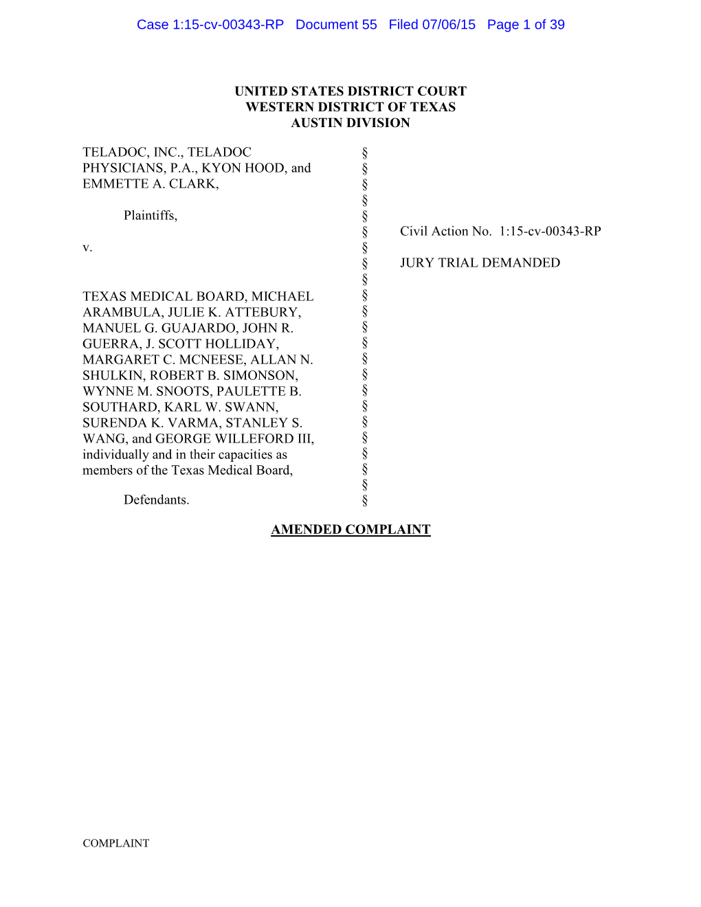 Case 1:15-Cv-00343-RP Document 55 Filed 07/06/15 Page 1 of 39