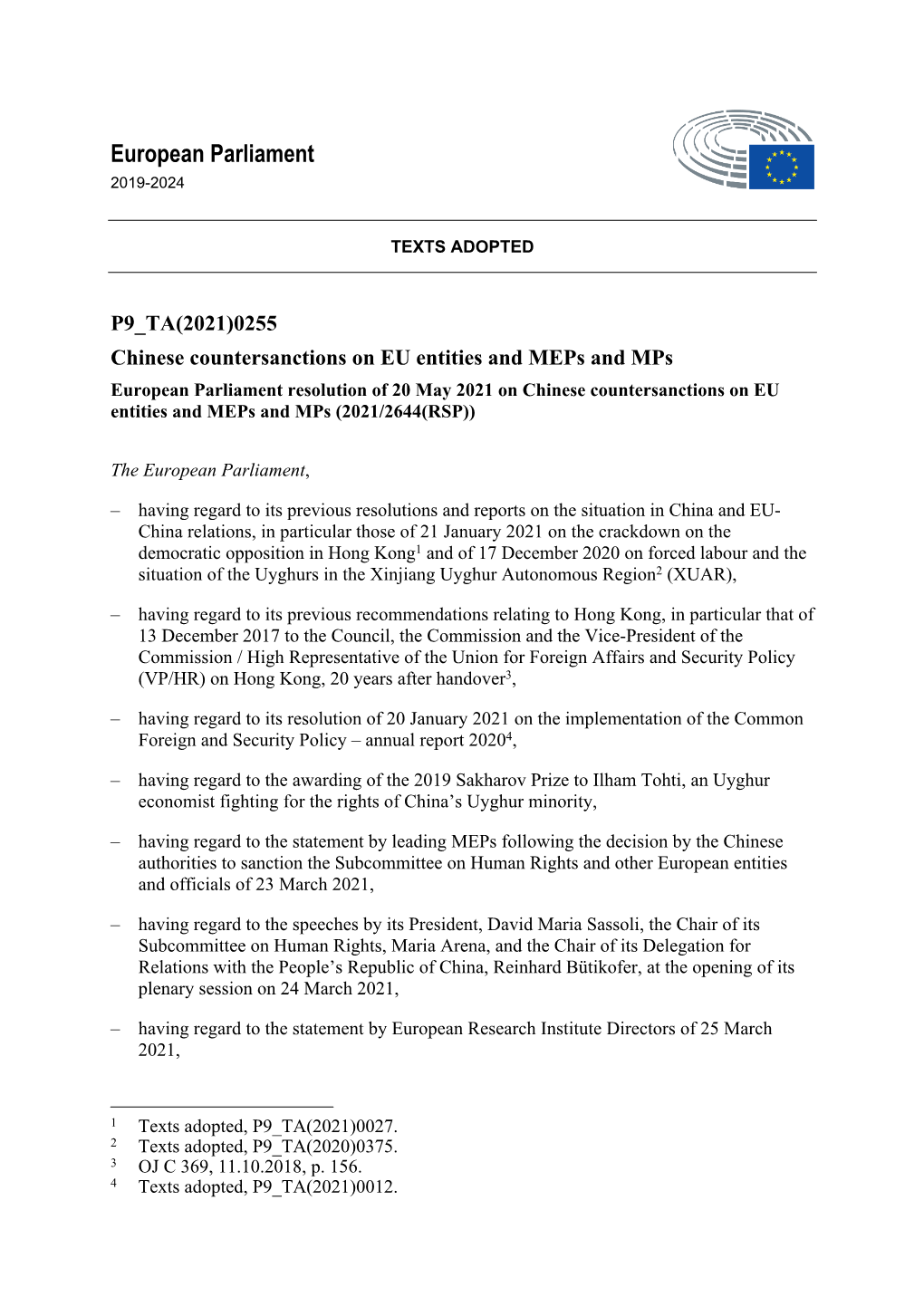 Chinese Countersanctions on EU Entities and Meps And