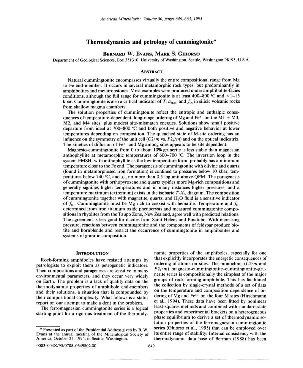 Thermodynamics and Petrology of Cummingtonite*