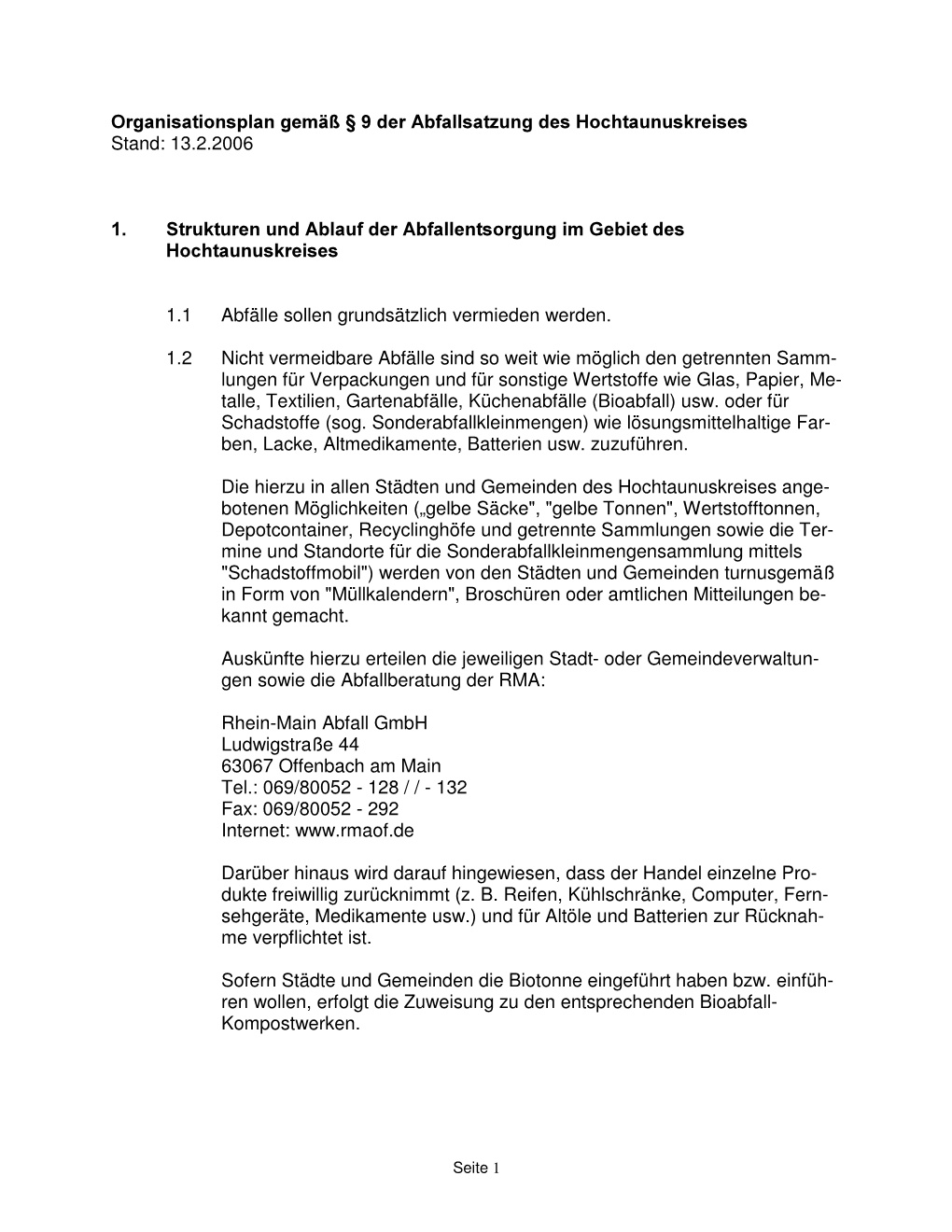 Organisationsplan Gem. § 9 Der Abfallsatzung Des Hochtaunuskreises