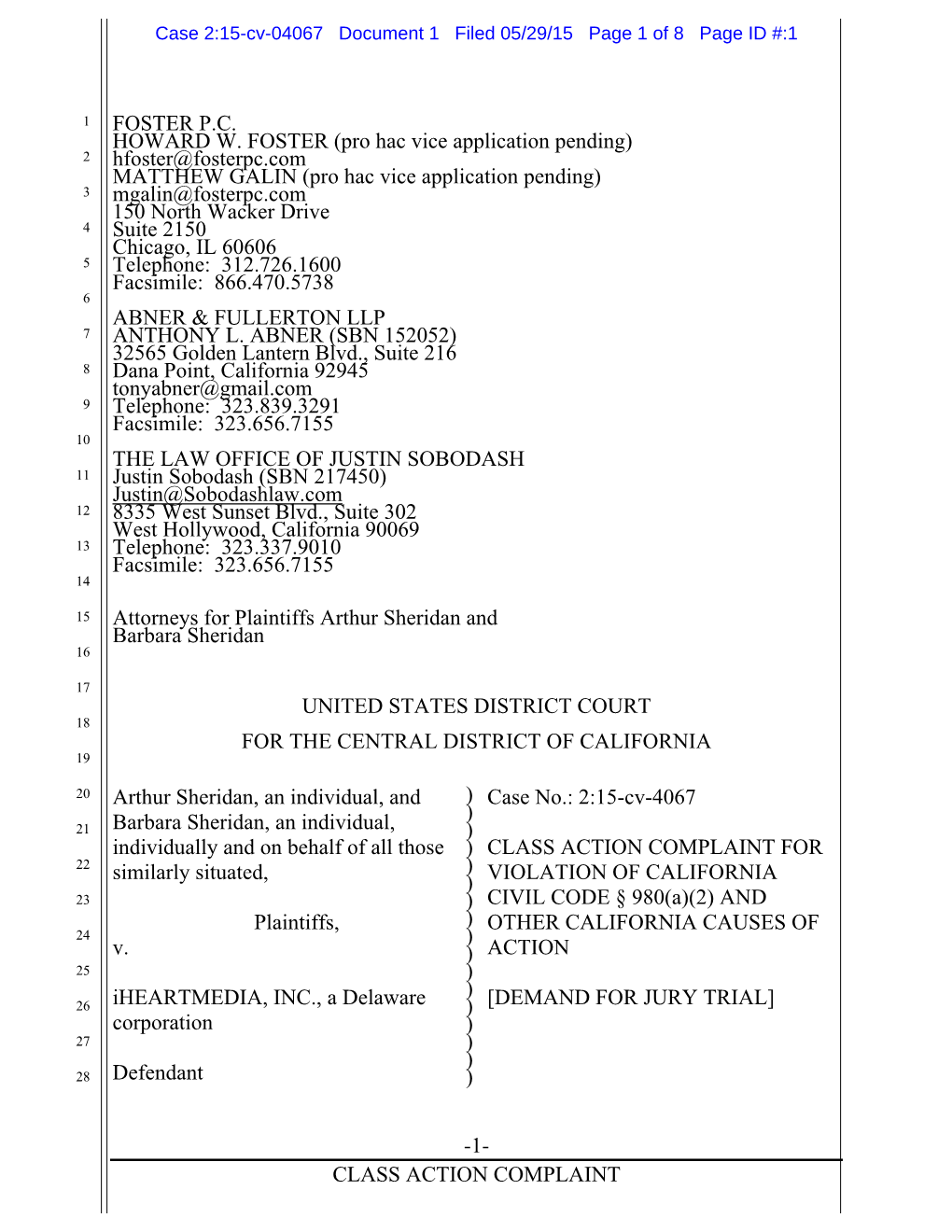 1- Class Action Complaint Foster P.C. Howard W