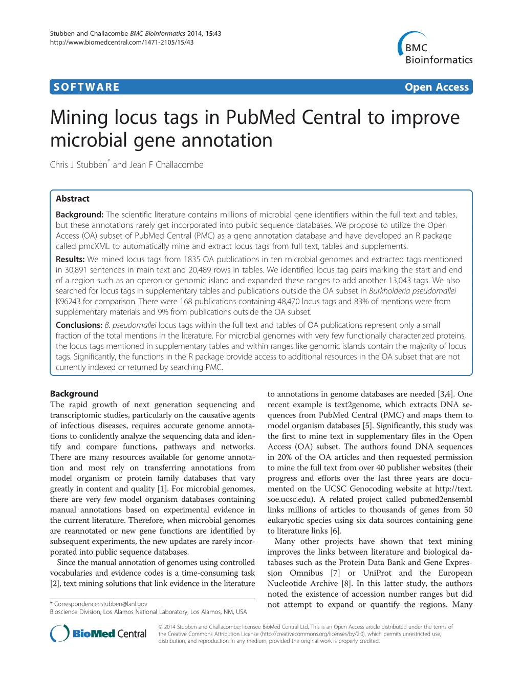 Mining Locus Tags in Pubmed Central to Improve Microbial Gene Annotation Chris J Stubben* and Jean F Challacombe