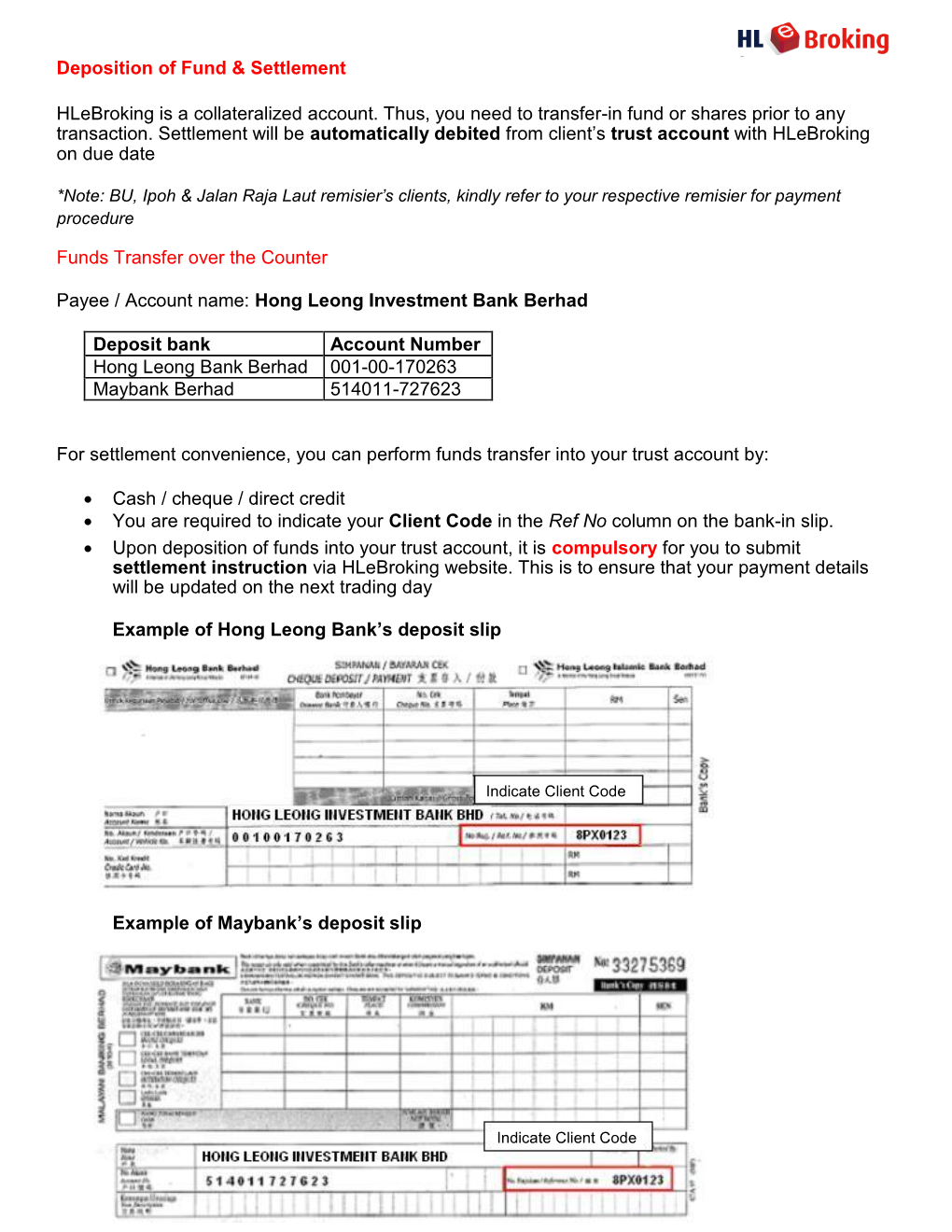 Deposition of Fund & Settlement Hlebroking Is a Collateralized