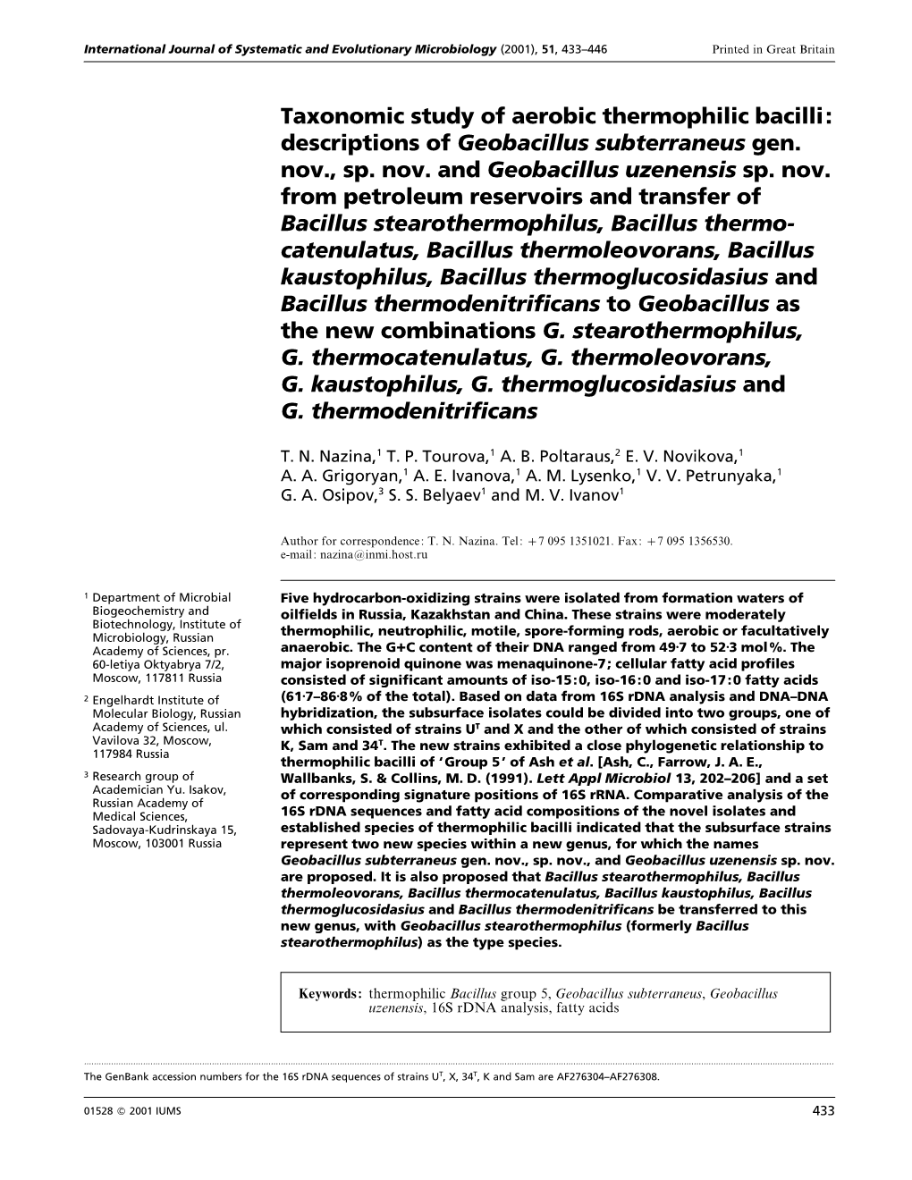 Taxonomic Study of Aerobic Thermophilic Bacilli: Descriptions of Geobacillus Subterraneus Gen. Nov., Sp. Nov. and Geobacillus Uzenensis Sp