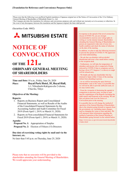 Notice of Convocation of the 121St Ordinary General Meeting of Shareholders of Mitsubishi Estate Co., Ltd