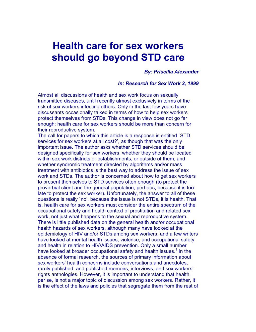 Health Care for Sex Workers Should Go Beyond STD Care