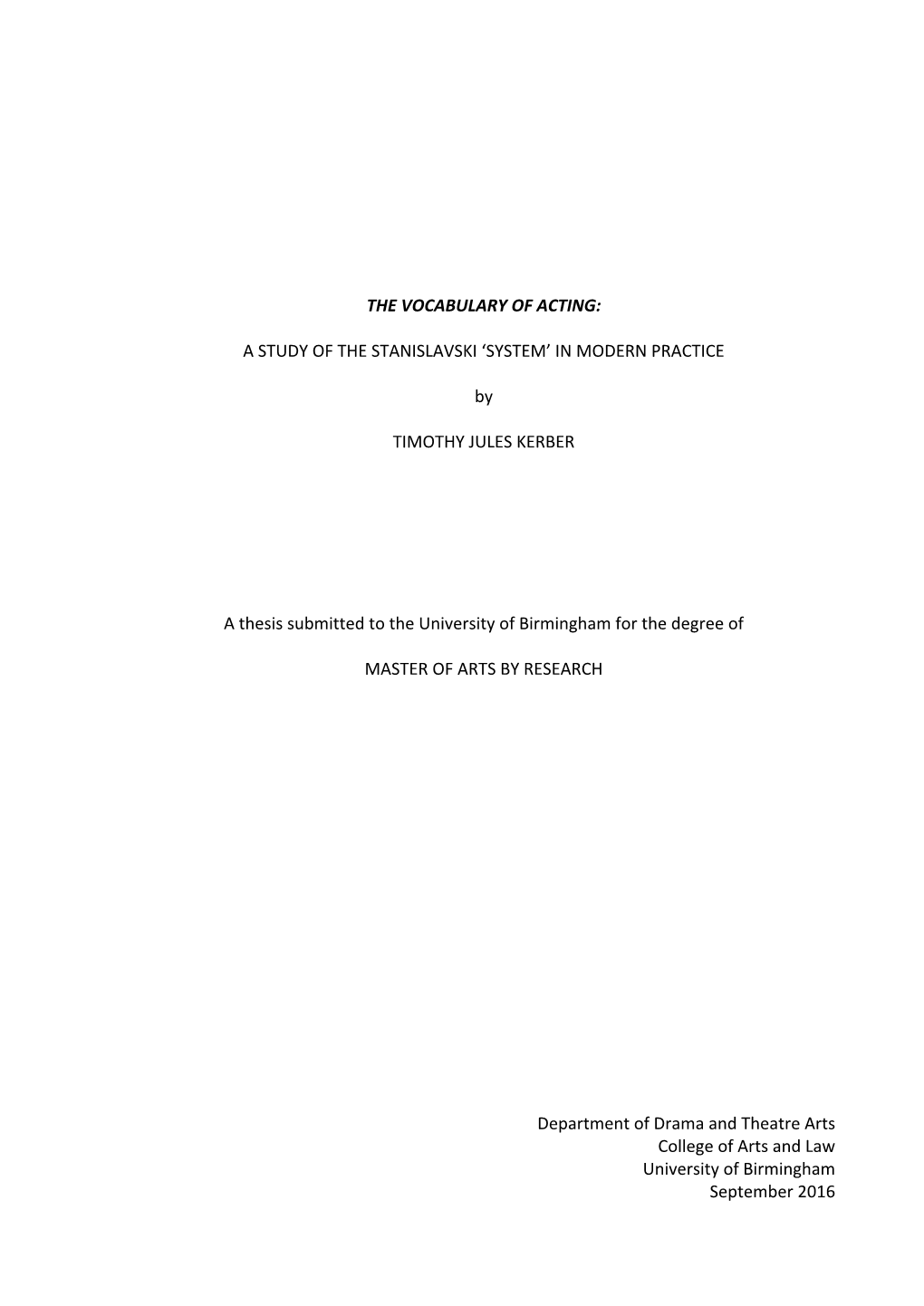 The Vocabulary of Acting: a Study of the Stanislavski 'System' in Modern