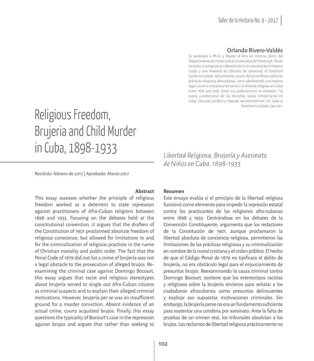 Religious Freedom, Brujeria and Child Murder in Cuba, 1898-1933