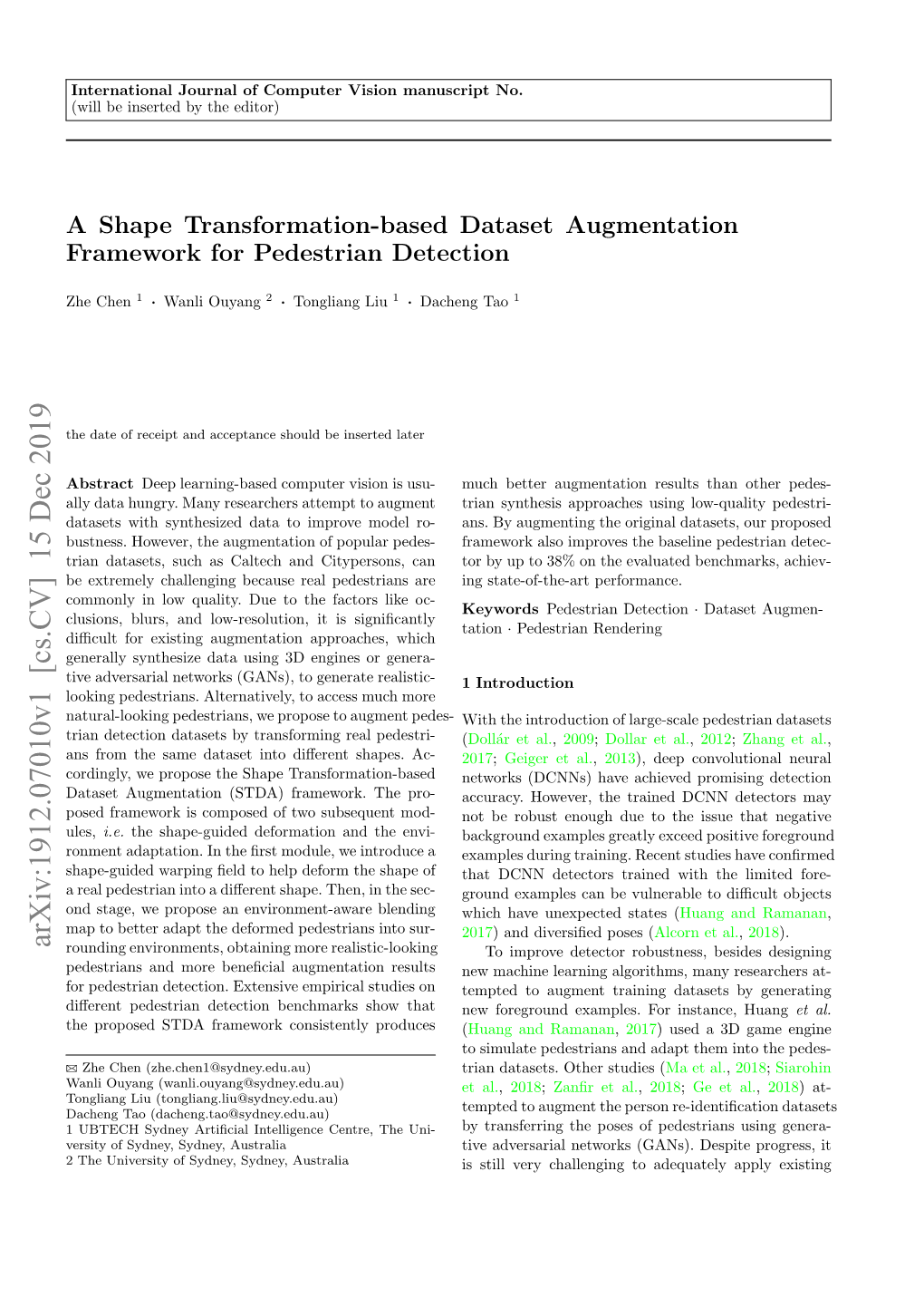 A Shape Transformation-Based Dataset Augmentation Framework for Pedestrian Detection