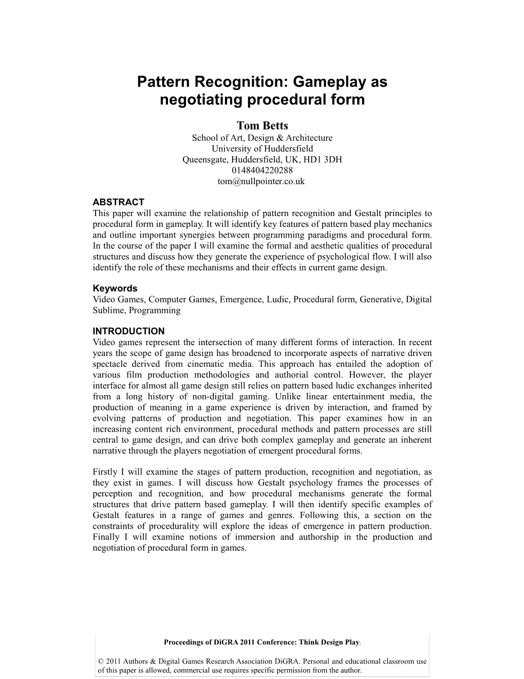 Pattern Recognition: Gameplay As Negotiating Procedural Form