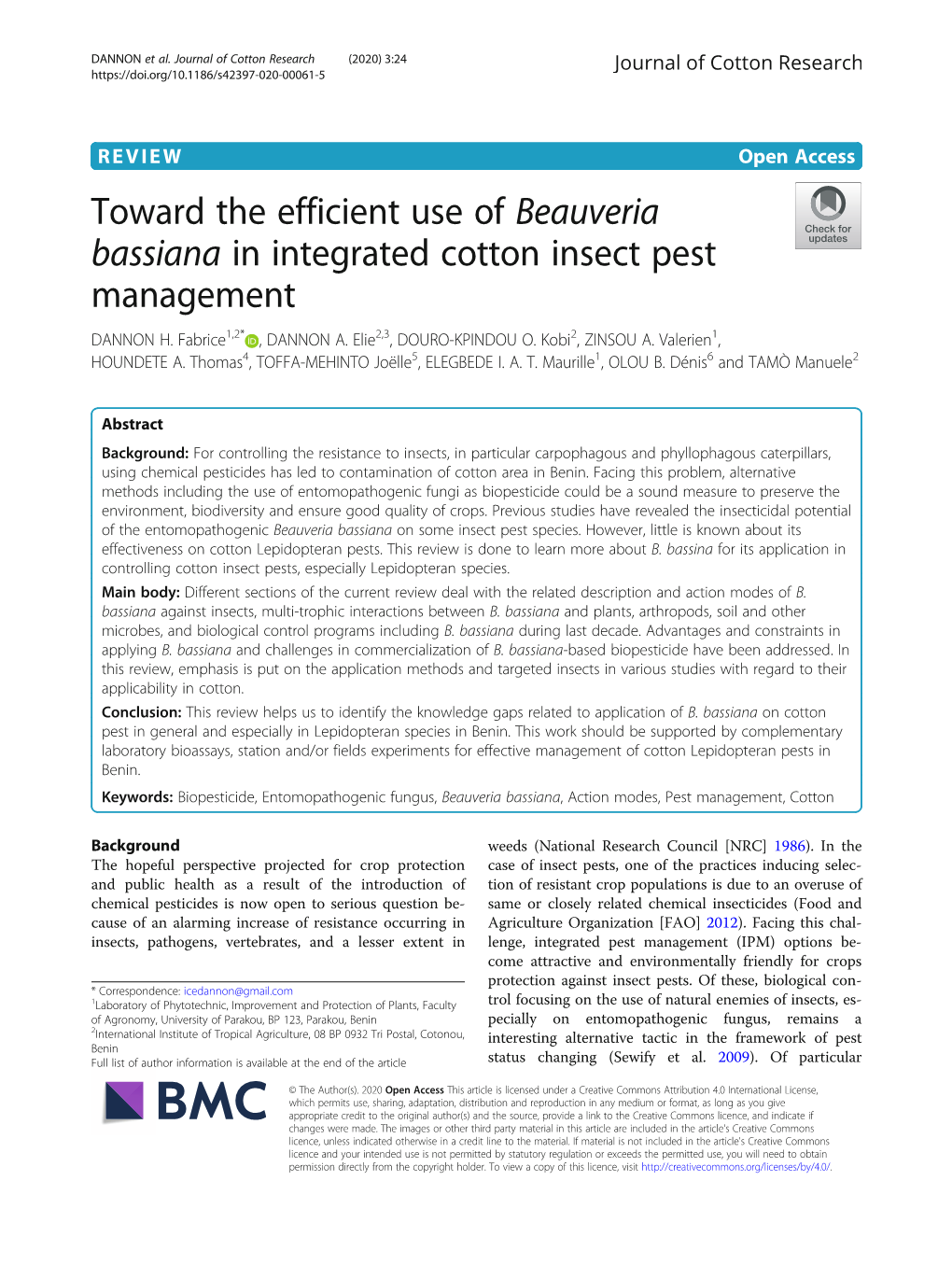 Toward the Efficient Use of Beauveria Bassiana in Integrated Cotton Insect Pest Management DANNON H
