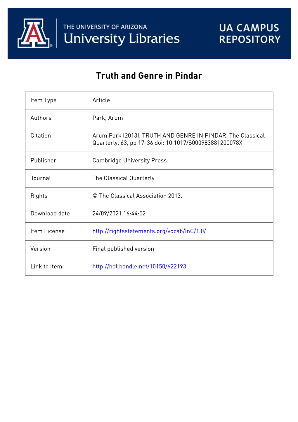 The Classical Quarterly TRUTH and GENRE in PINDAR