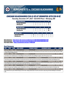 Chicago Blackhawks (16-11-5) at Winnipeg Jets (18-9-5) Thursday, December 14Th, 2017 – Bell MTS Place – Winnipeg, MB