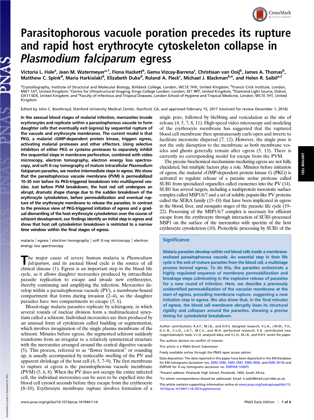 Parasitophorous Vacuole Poration Precedes Its Rupture and Rapid Host Erythrocyte Cytoskeleton Collapse in Plasmodium Falciparum Egress