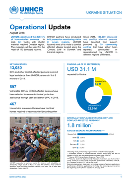 Operational Update August 2018 UNHCR Coordinated the Delivery UNHCR Partners Have Conducted Since 2015, 150,000 Displaced of Humanitarian Convoys