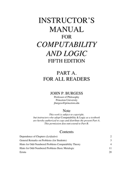 Instructor's Manual Computability and Logic