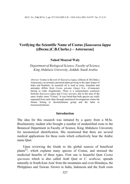 Verifying the Scientific Name of Costus [Saussurea Lappa ((Decne.)C.B.Clarke.) – Asteraceae]