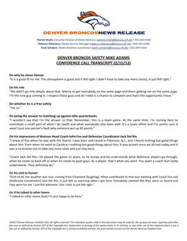 Denver Broncos Safety Mike Adams Conference Call Transcript (2/15/12)