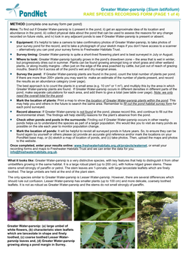 Greater Water-Parsnip (Sium Latifolium) RARE SPECIES RECORDING FORM (PAGE 1 of 4)