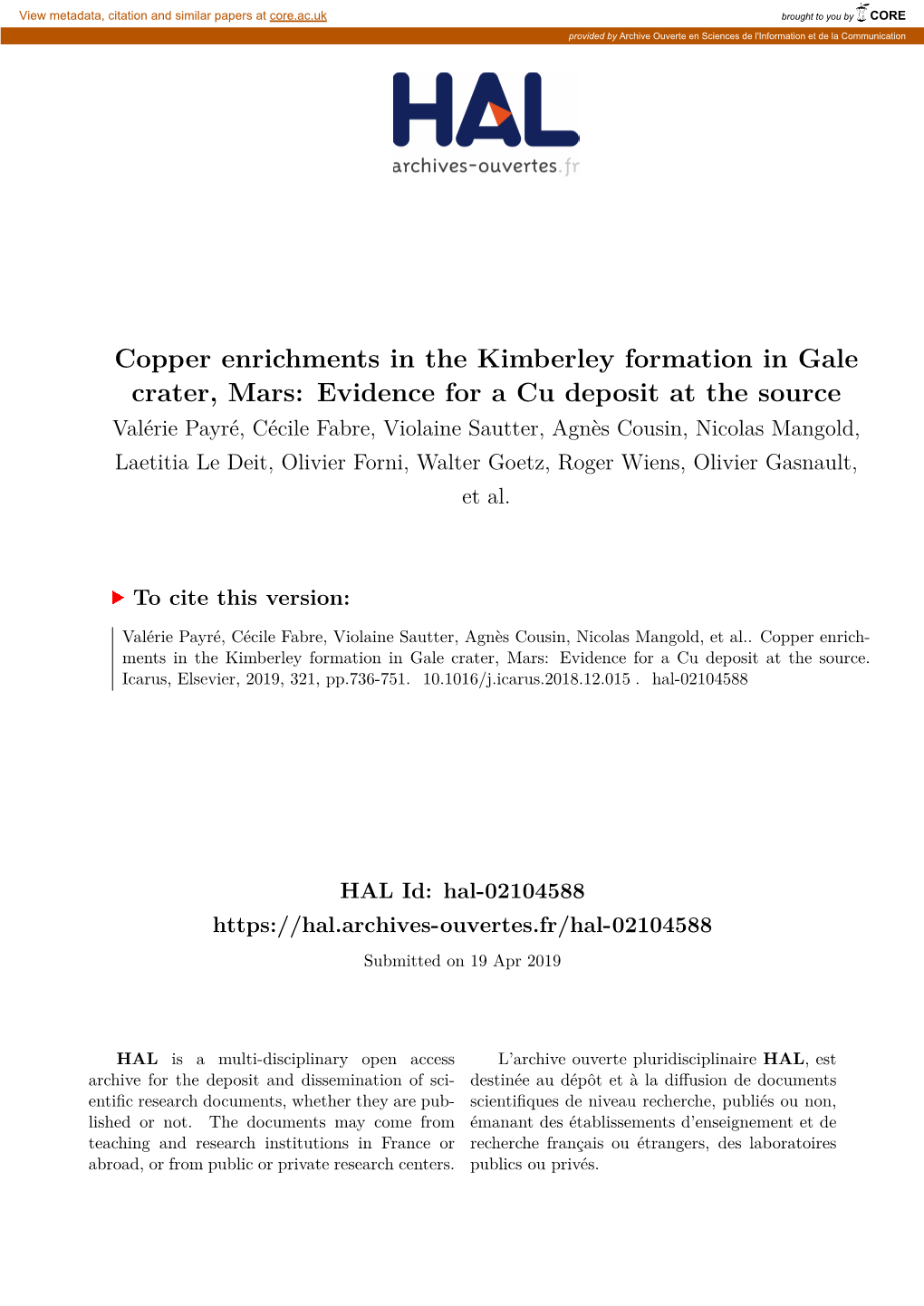 Copper Enrichments in the Kimberley Formation in Gale Crater, Mars