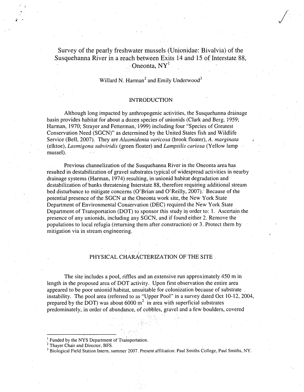 Survey of the Pearly Freshwater Mussels (Unionidae: Bivalvia) of the .Susquehanna River in a Reach Between Exits 14 And, 15 of Interstate 88, Oneonta, NY1