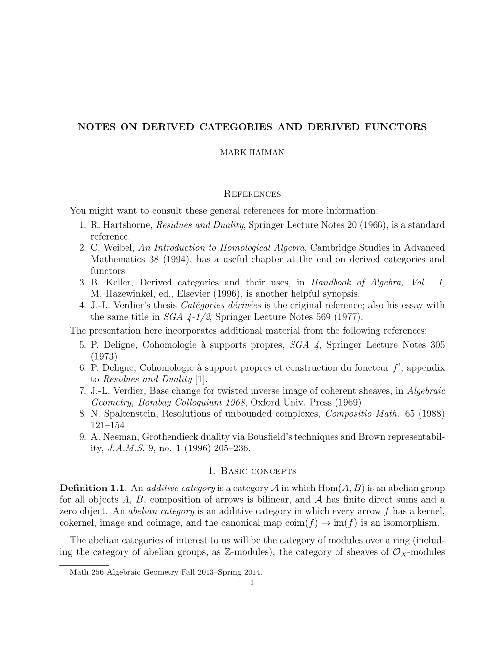 Notes on Derived Categories and Derived Functors