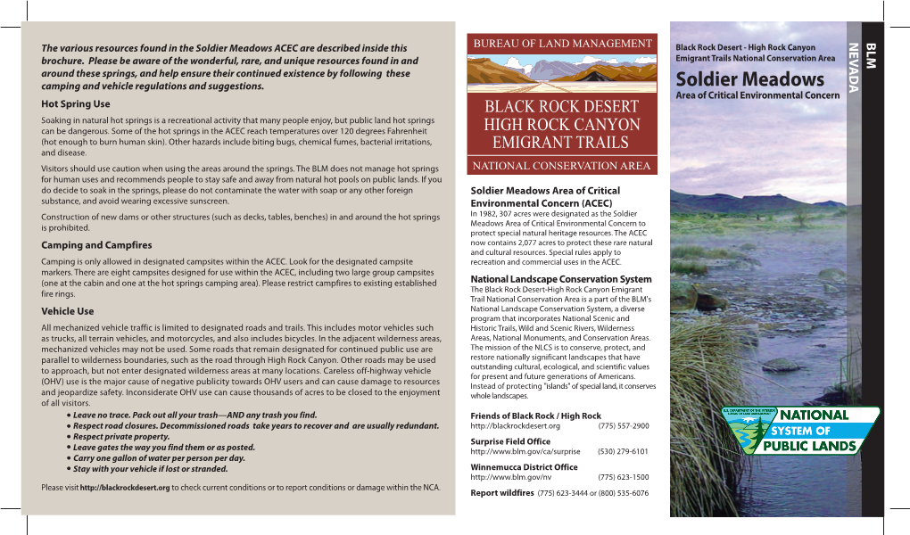 Soldier Meadows ACEC Are Described Inside This Black Rock Desert - High Rock Canyon Brochure