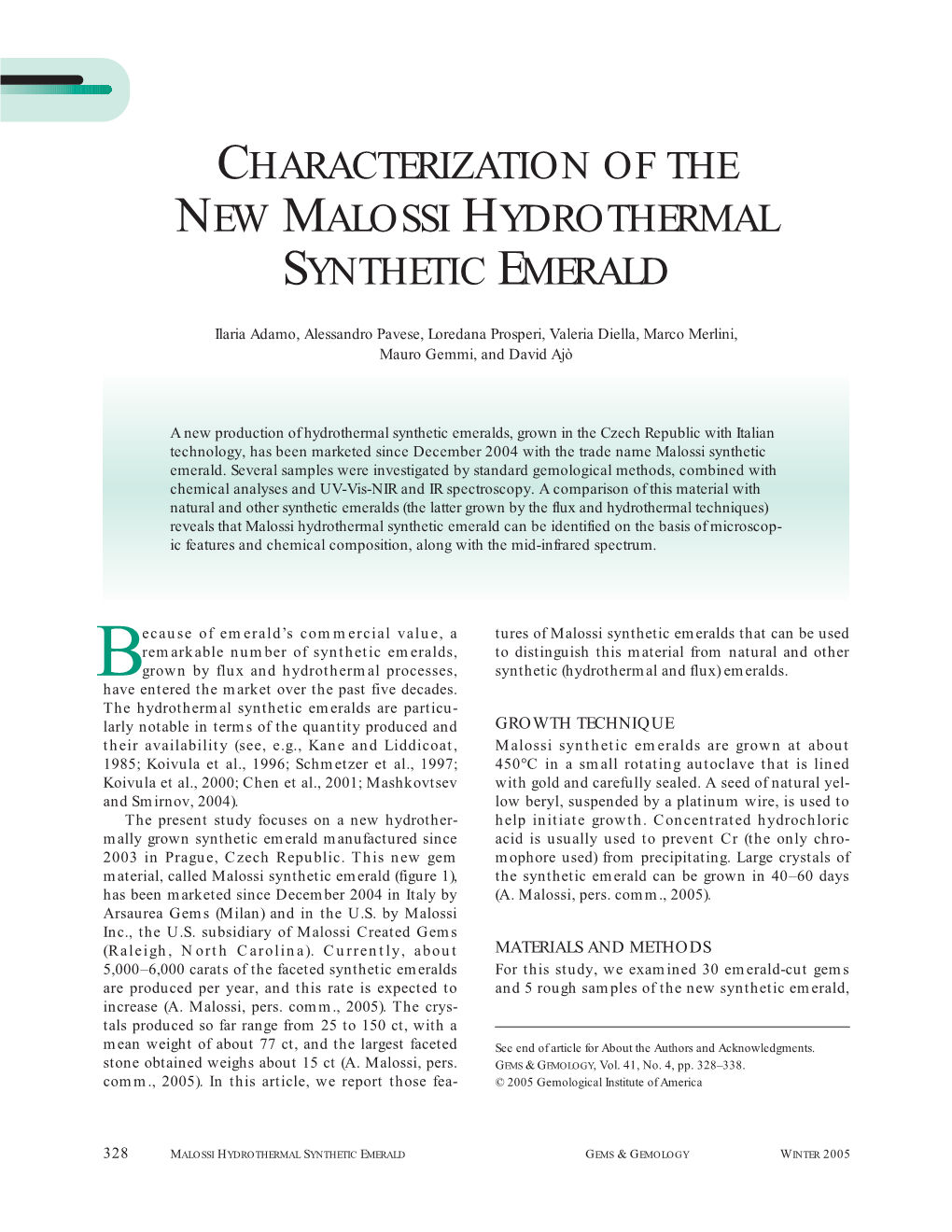 Characterization of the New Malossi Hydrothermal Synthetic Emerald