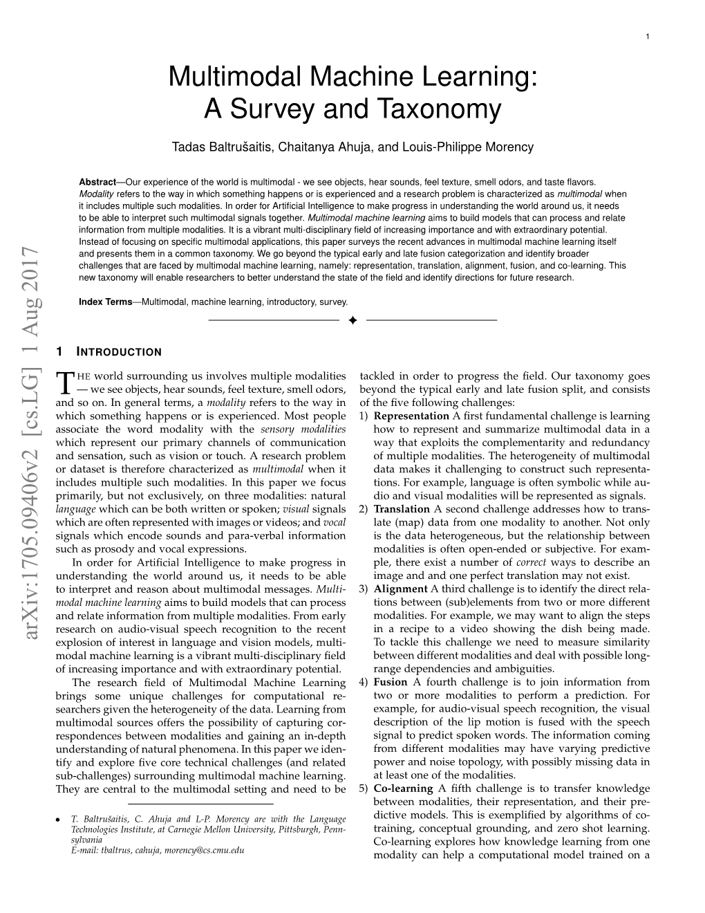 Multimodal Machine Learning: a Survey and Taxonomy