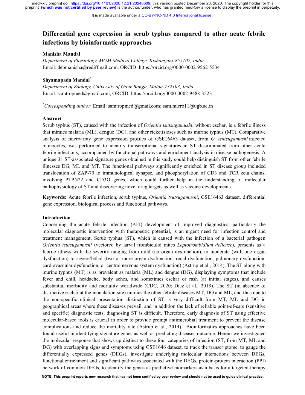 Differential Gene Expression in Scrub Typhus Compared to Other Acute Febrile Infections by Bioinformatic Approaches