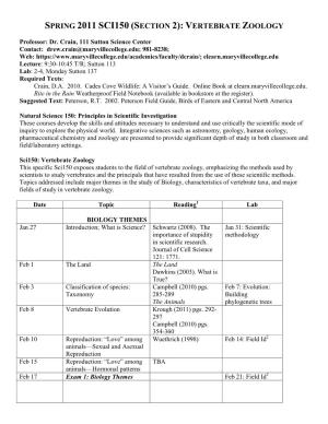 Spring 2011 Sci150 (Section 2): Vertebrate Zoology