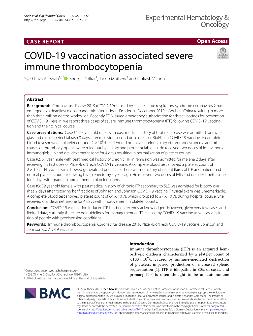 COVID-19 Vaccination Associated Severe Immune Thrombocytopenia