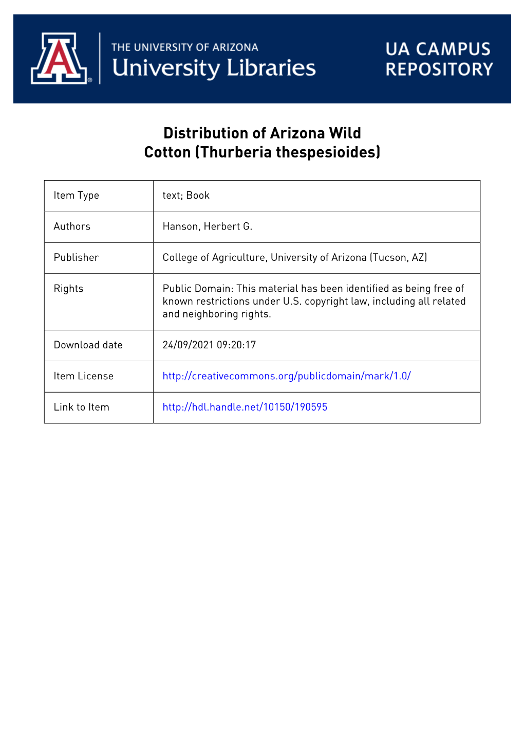 The University of Arizona Agricultural Experiment Station DISTRIBUTION