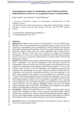 Transcriptomic Response in Symptomless Roots of Clubroot Infected 2 Kohlrabi (Brassica Oleracea Var