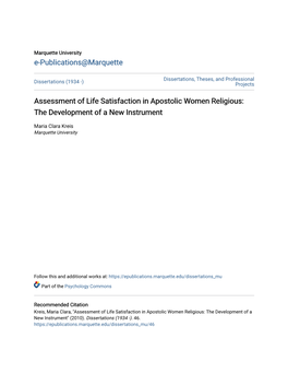 Assessment of Life Satisfaction in Apostolic Women Religious: the Development of a New Instrument