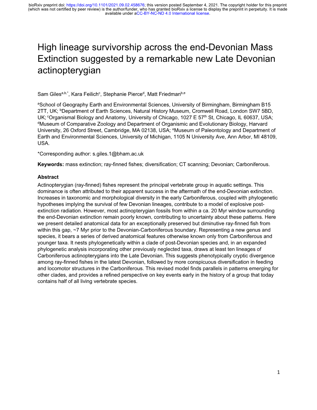 High Lineage Survivorship Across the End-Devonian Mass Extinction Suggested by a Remarkable New Late Devonian Actinopterygian