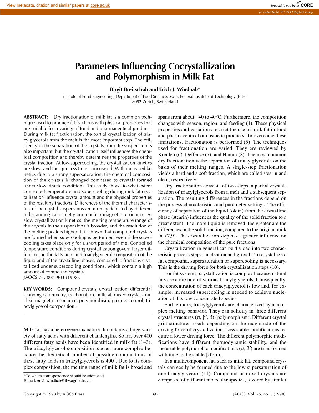 Parameters Influencing Cocrystallization and Polymorphism in Milk Fat 899