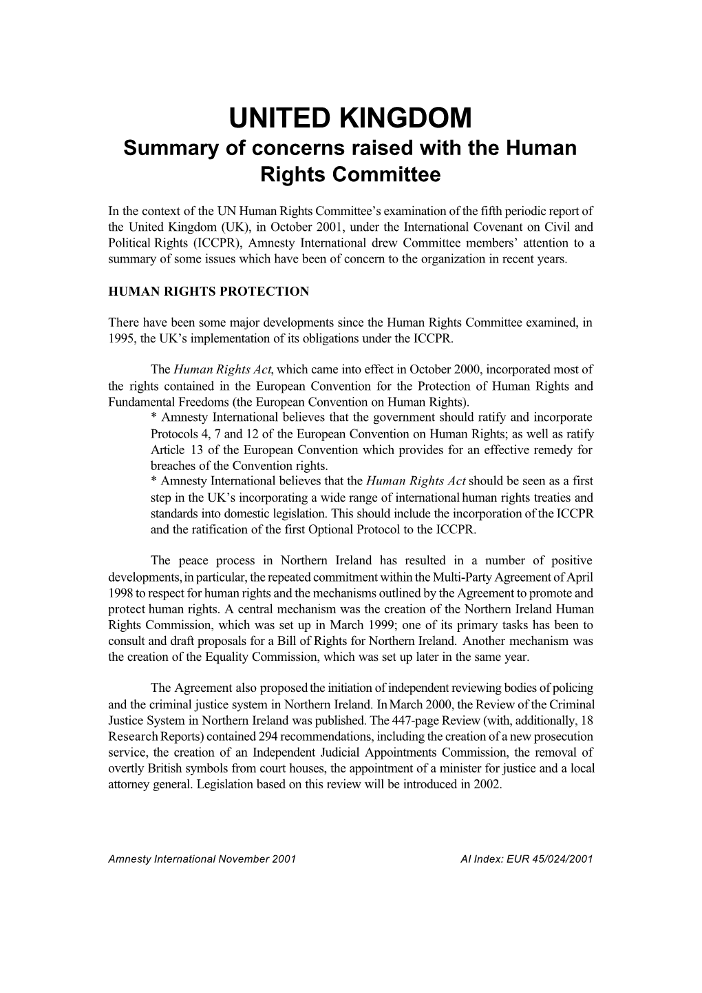 Summary of Concerns Raised with the Human Rights Committee