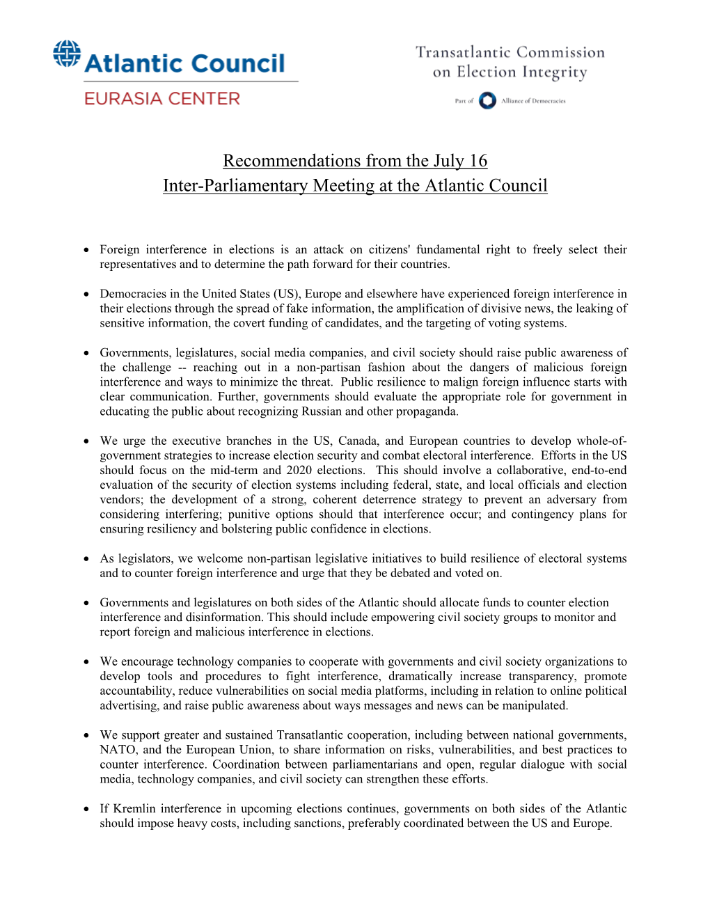 Recommendations from the July 16 Inter-Parliamentary Meeting at the Atlantic Council