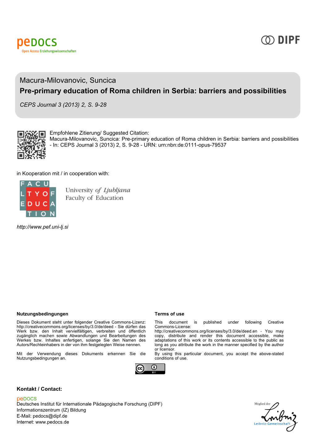 Pre-Primary Education of Roma Children in Serbia: Barriers and Possibilities