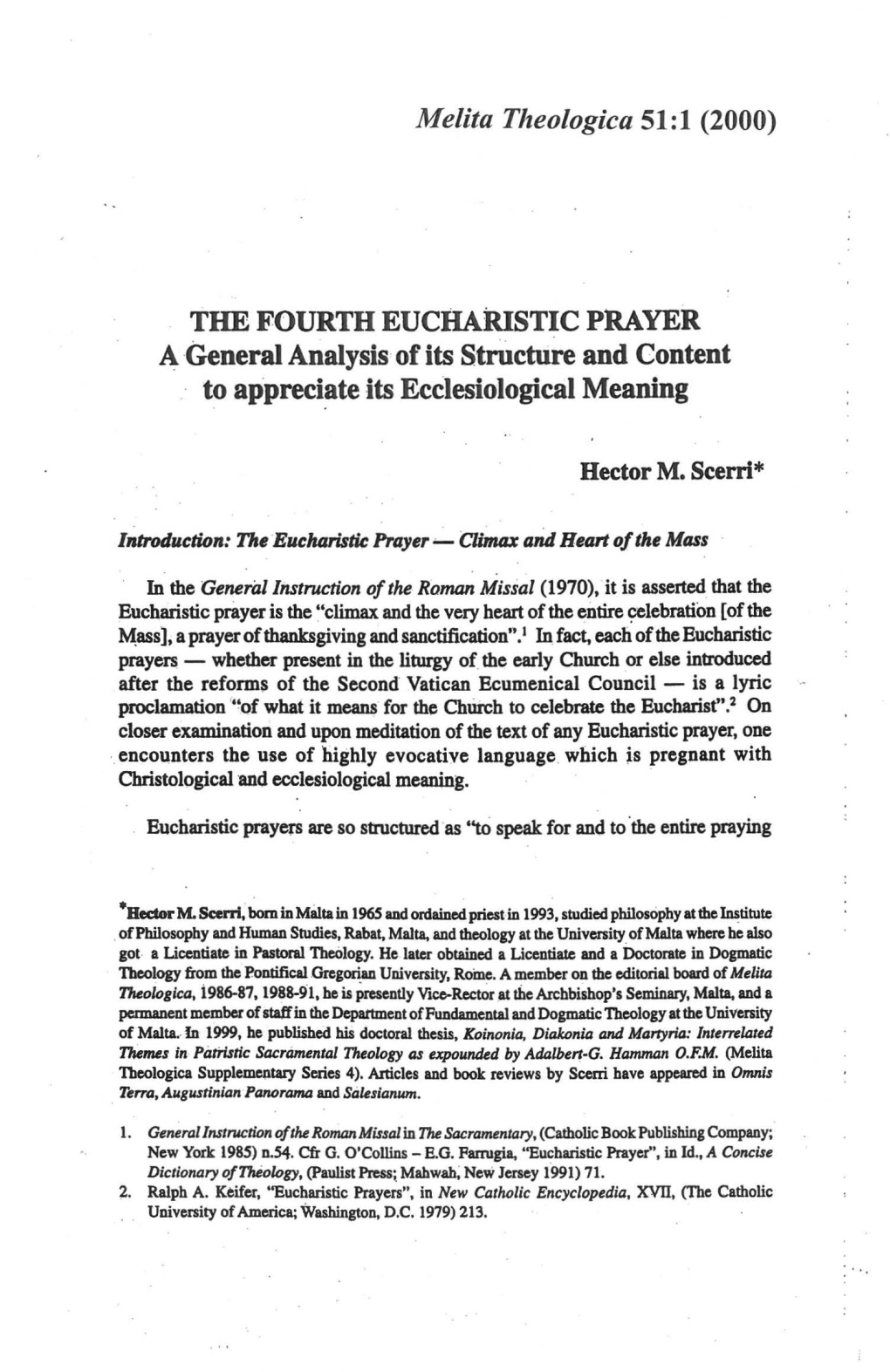 (2000) the FOURTH EUCHARISTIC PRAYER a General Analysis of Its