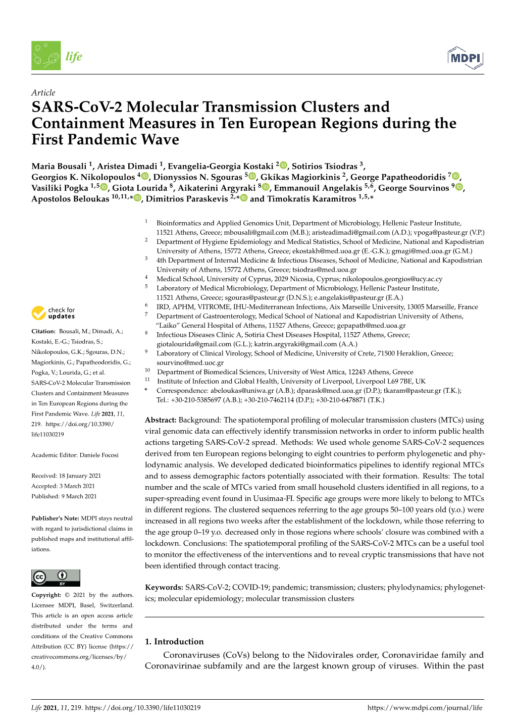SARS-Cov-2 Molecular Transmission Clusters and Containment Measures in Ten European Regions During the First Pandemic Wave