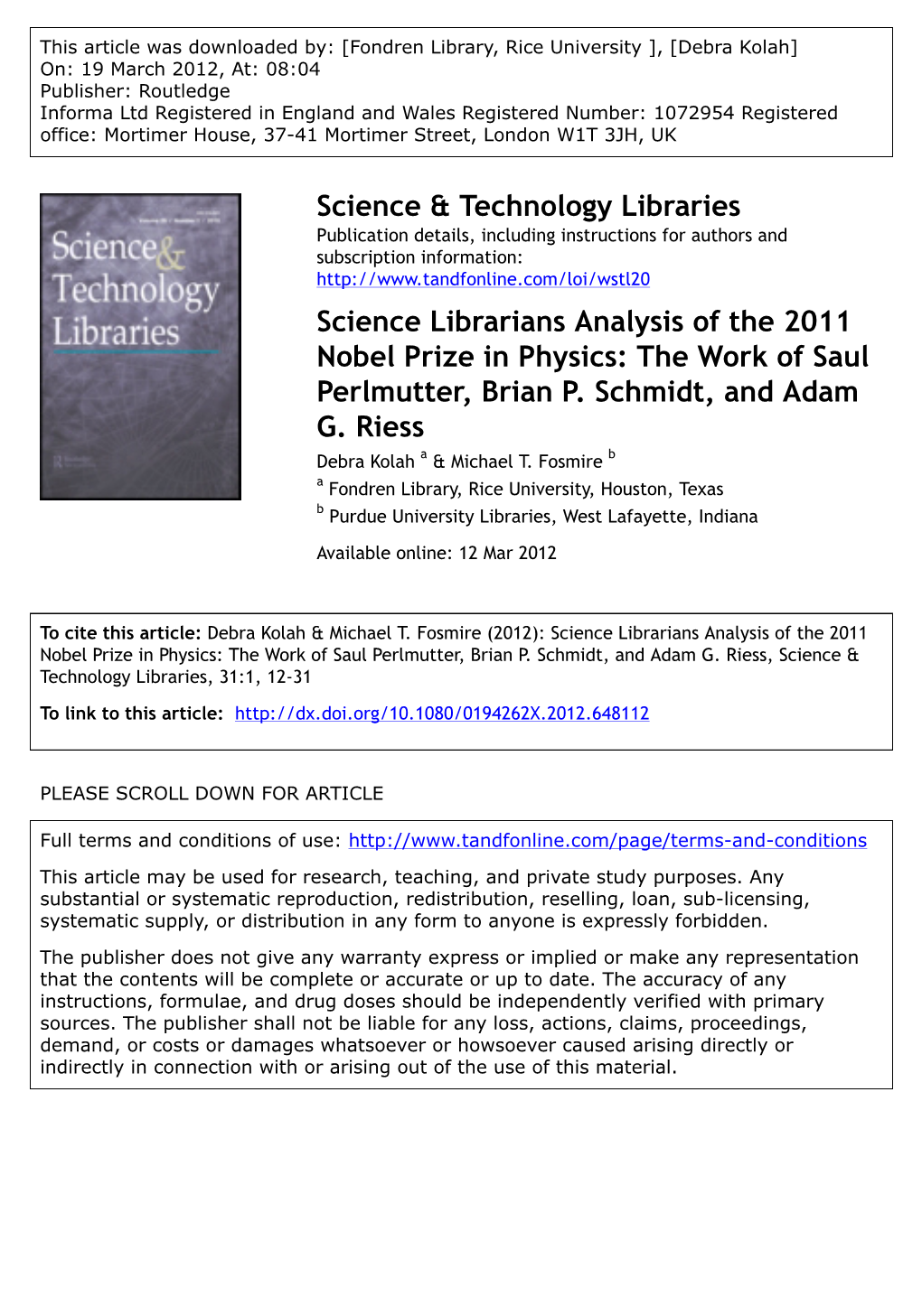 Science Librarians Analysis of the 2011 Nobel Prize in Physics: the Work of Saul Perlmutter, Brian P