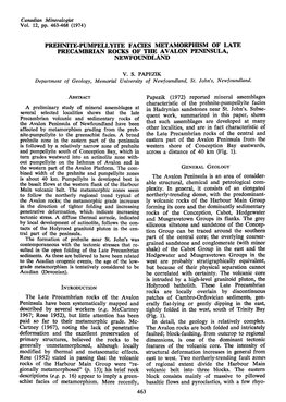 Prehi\Ite.Pt'mpellyite Facies Metamorphism of Late Prtcambrian Rocks of the Avalon Peninsula, Newfot]Ndland