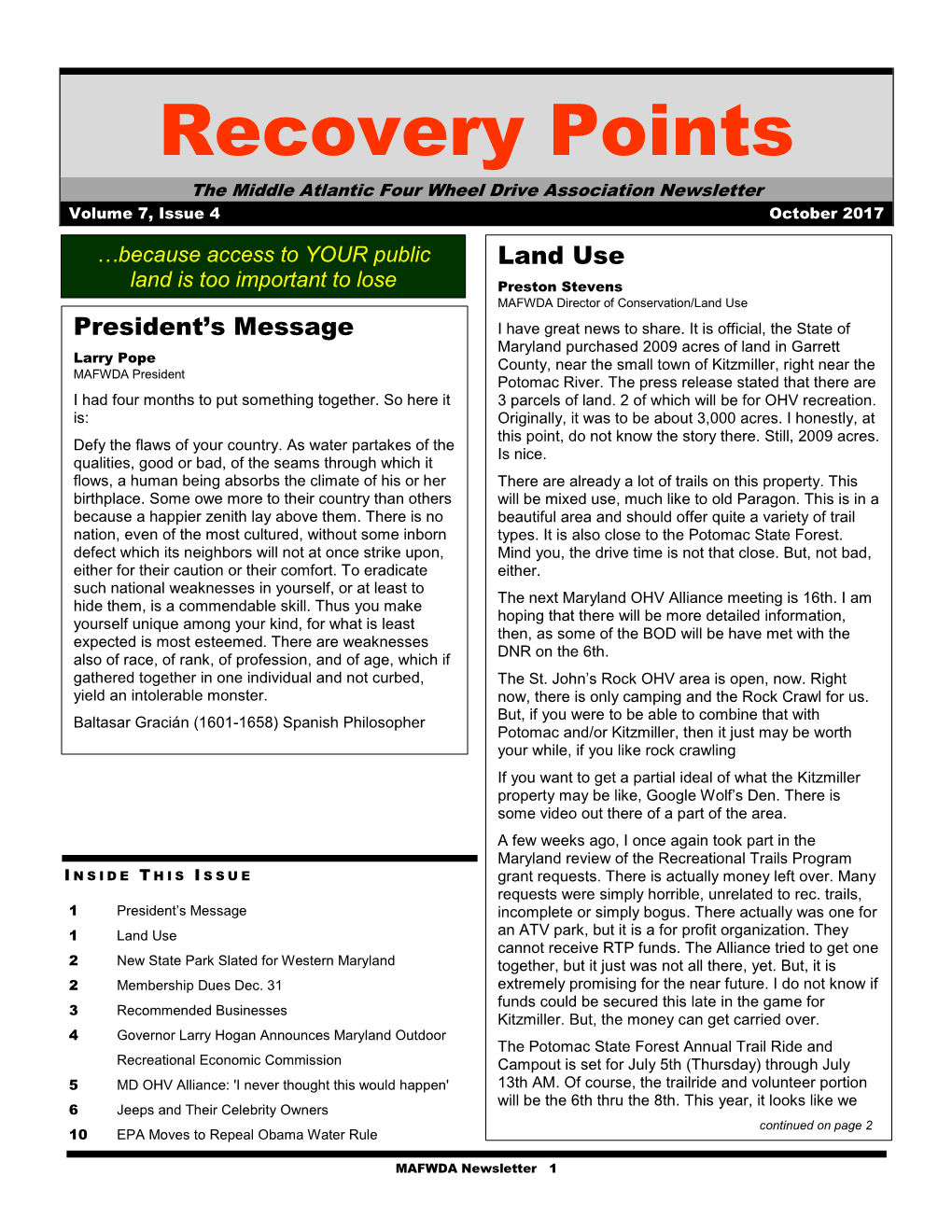 Recovery Points the Middle Atlantic Four Wheel Drive Association Newsletter Volume 7, Issue 4 October 2017