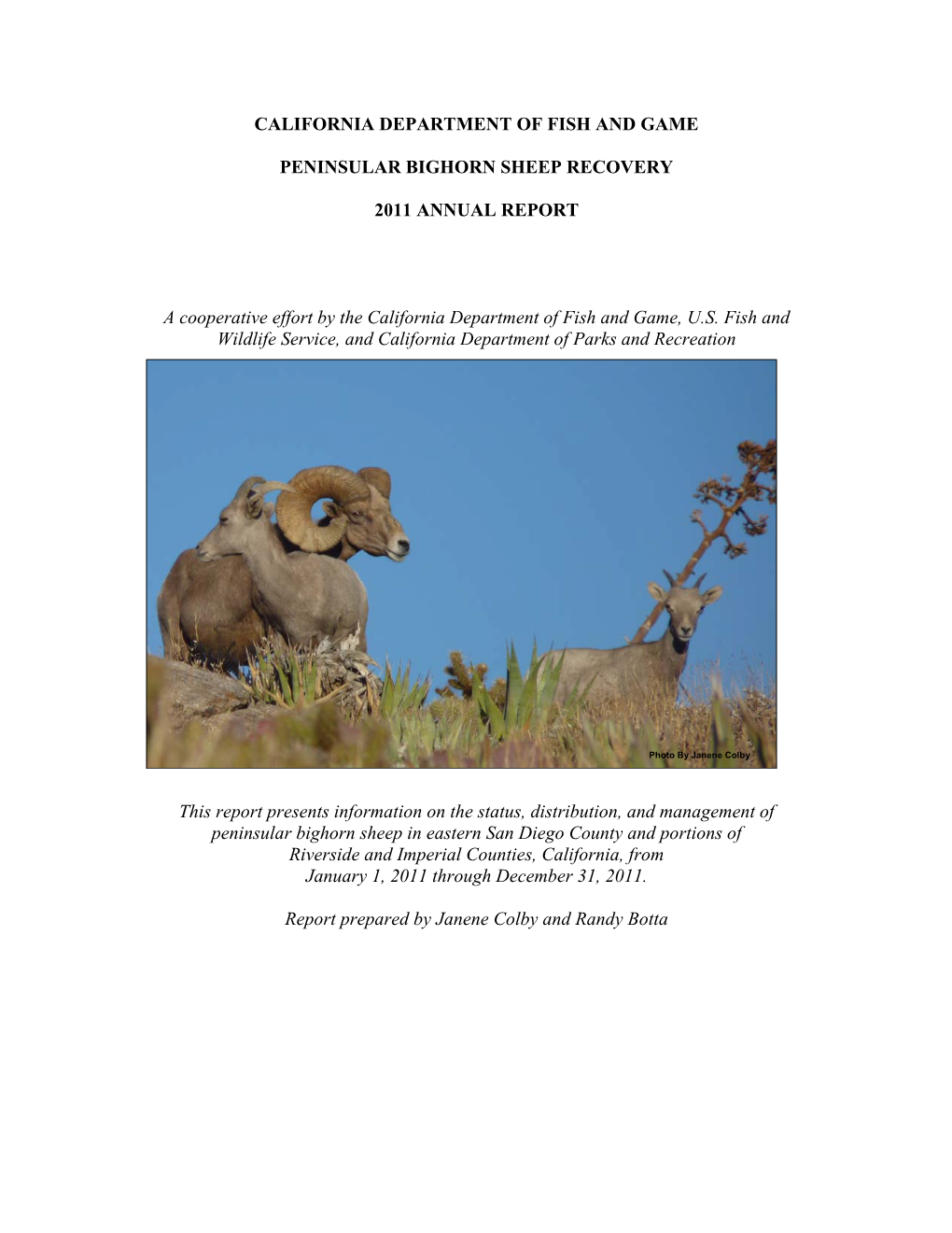 Peninsular Bighorn Sheep Recovery 2011 Annual Report