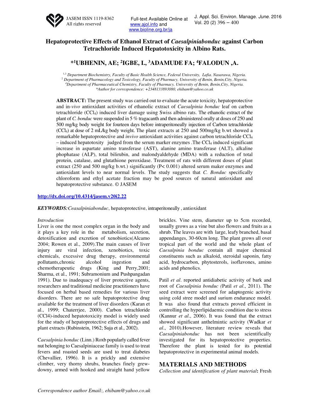 Hepatoprotective Effects of Ethanol Extract of Caesalpiniabonduc Against Carbon Tetrachloride Induced Hepatotoxicity in Albino Rats